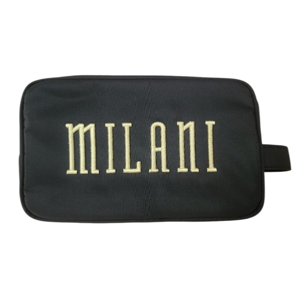 Milani makeup bag travel pouch black nylon gold embroidered